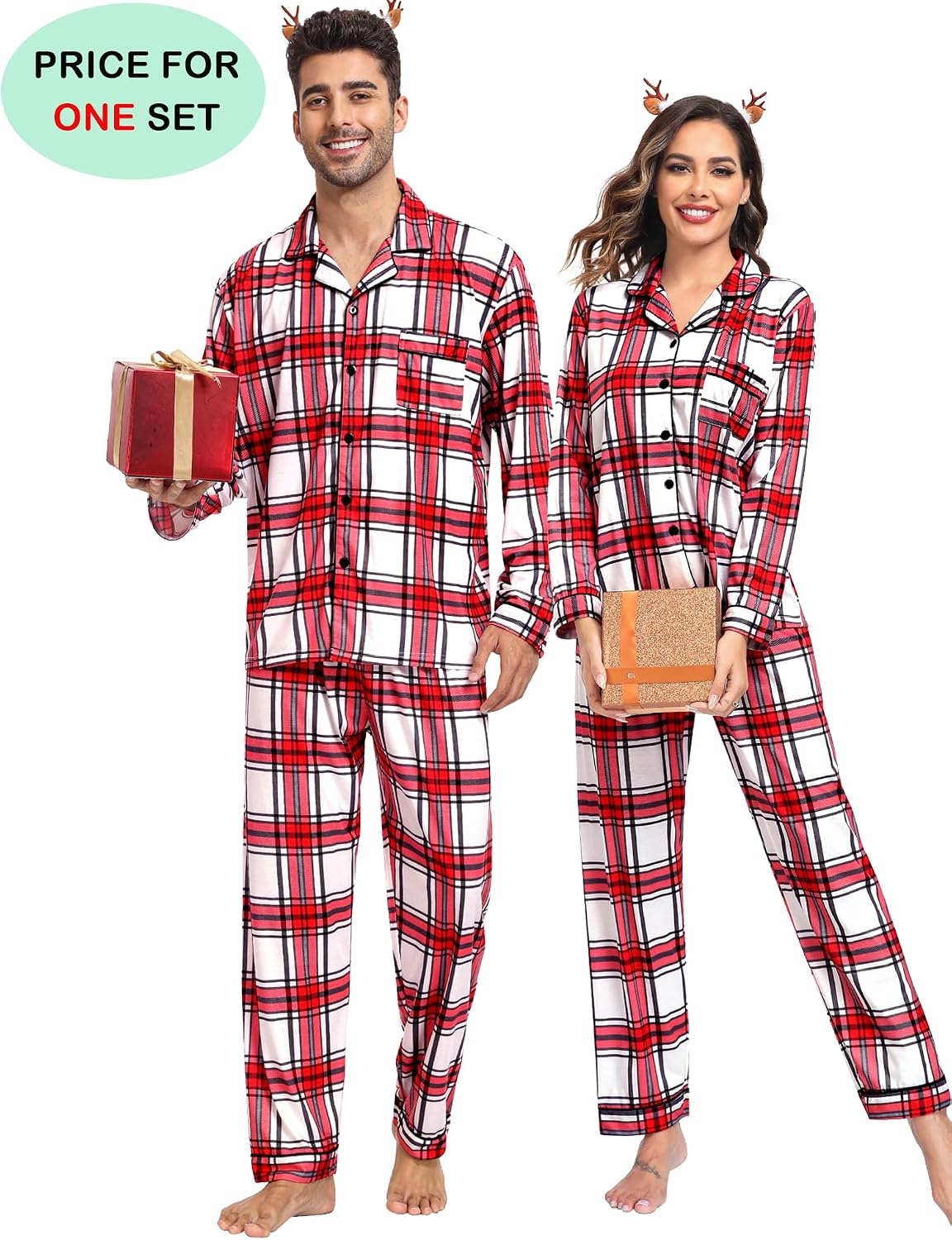 image:imageSWOMOG Family Christmas Pajamas Set Women amp Men Long Sleeve Sleepwear Sets Party Holiday Pj ButtonDown Loungewear SetRed White Grid