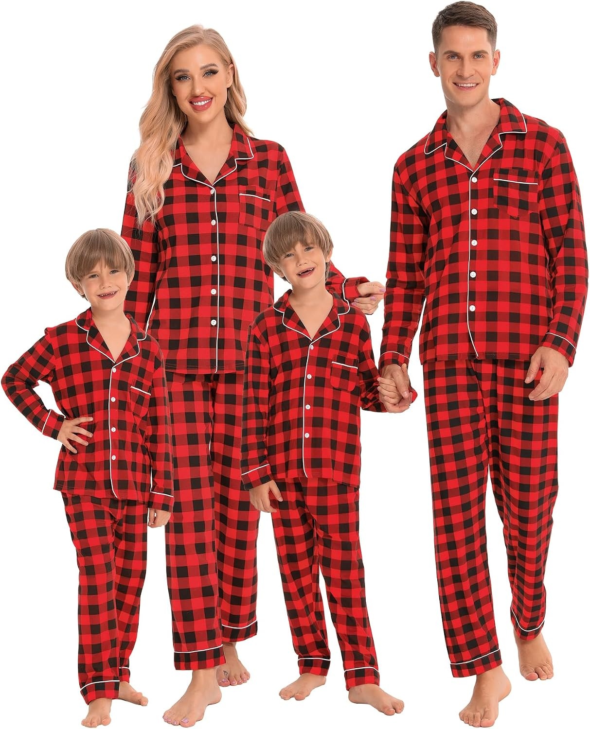 image:imageSWOMOG Family Christmas Pajamas Set Women amp Men Long Sleeve Sleepwear Sets Party Holiday Pj ButtonDown Loungewear SetRed With Black Grid