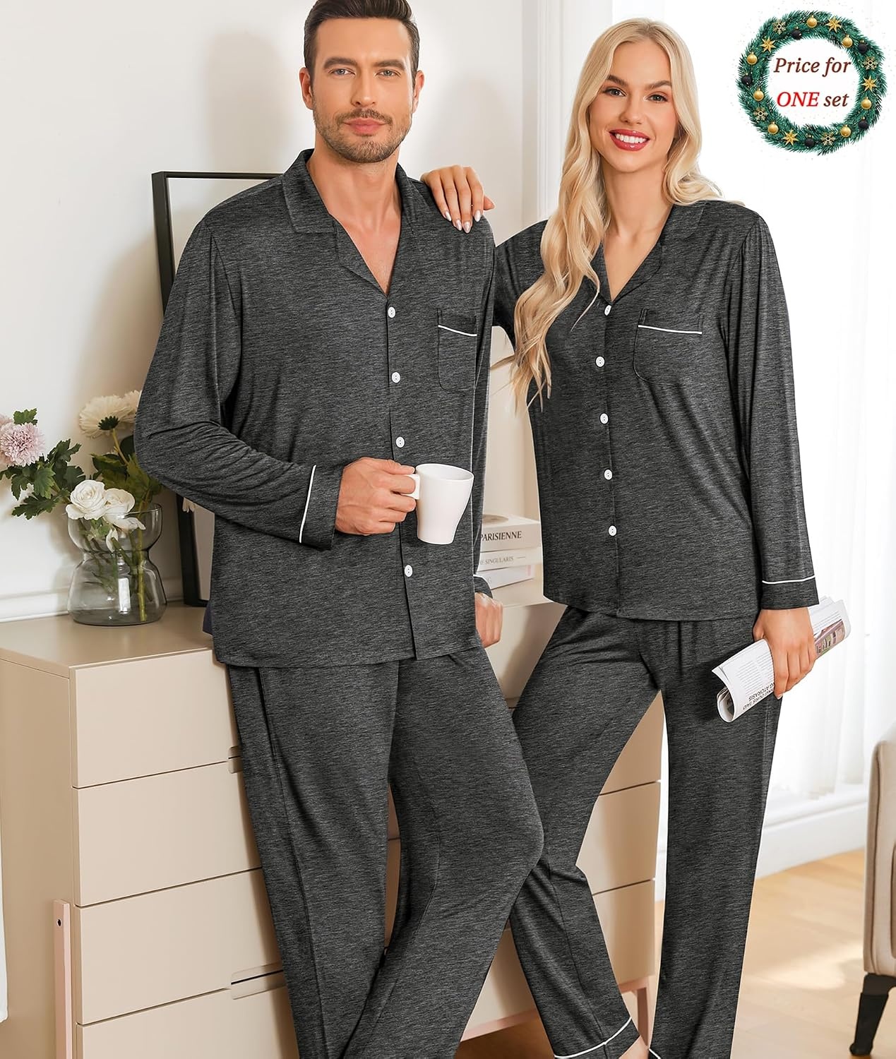 image:imageSWOMOG Matching Family Christmas Pajamas Set Modal Long Sleeve ButtonDown Sleepwear Family Festival Party Xmas PJs SetsDeep Grey