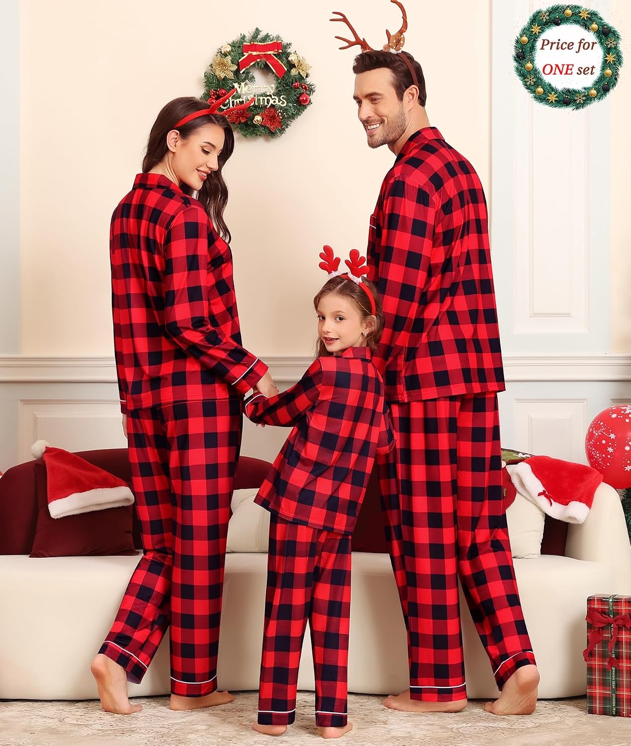 image:imageSWOMOG Matching Family Christmas Pajamas Set Modal Long Sleeve ButtonDown Sleepwear Family Festival Party Xmas PJs SetsRed With Black Grid
