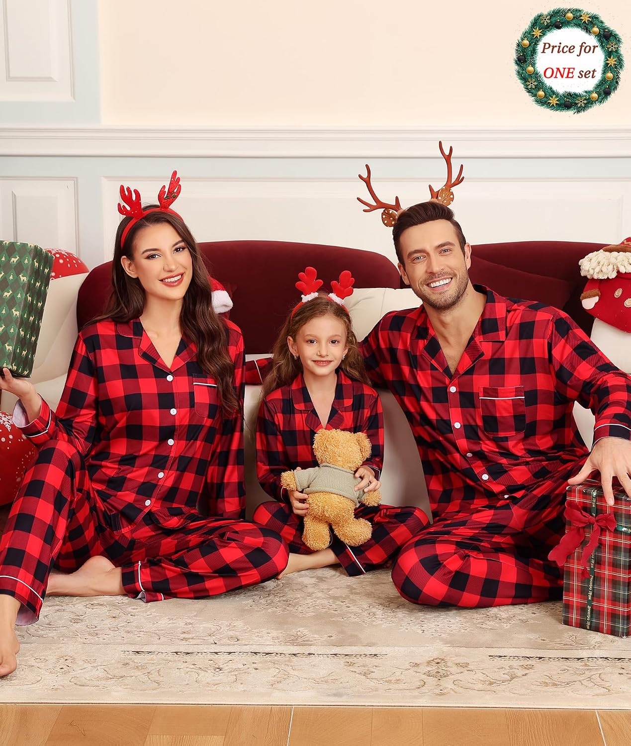 image:imageSWOMOG Matching Family Christmas Pajamas Set Modal Long Sleeve ButtonDown Sleepwear Family Festival Party Xmas PJs SetsRed With Black Grid