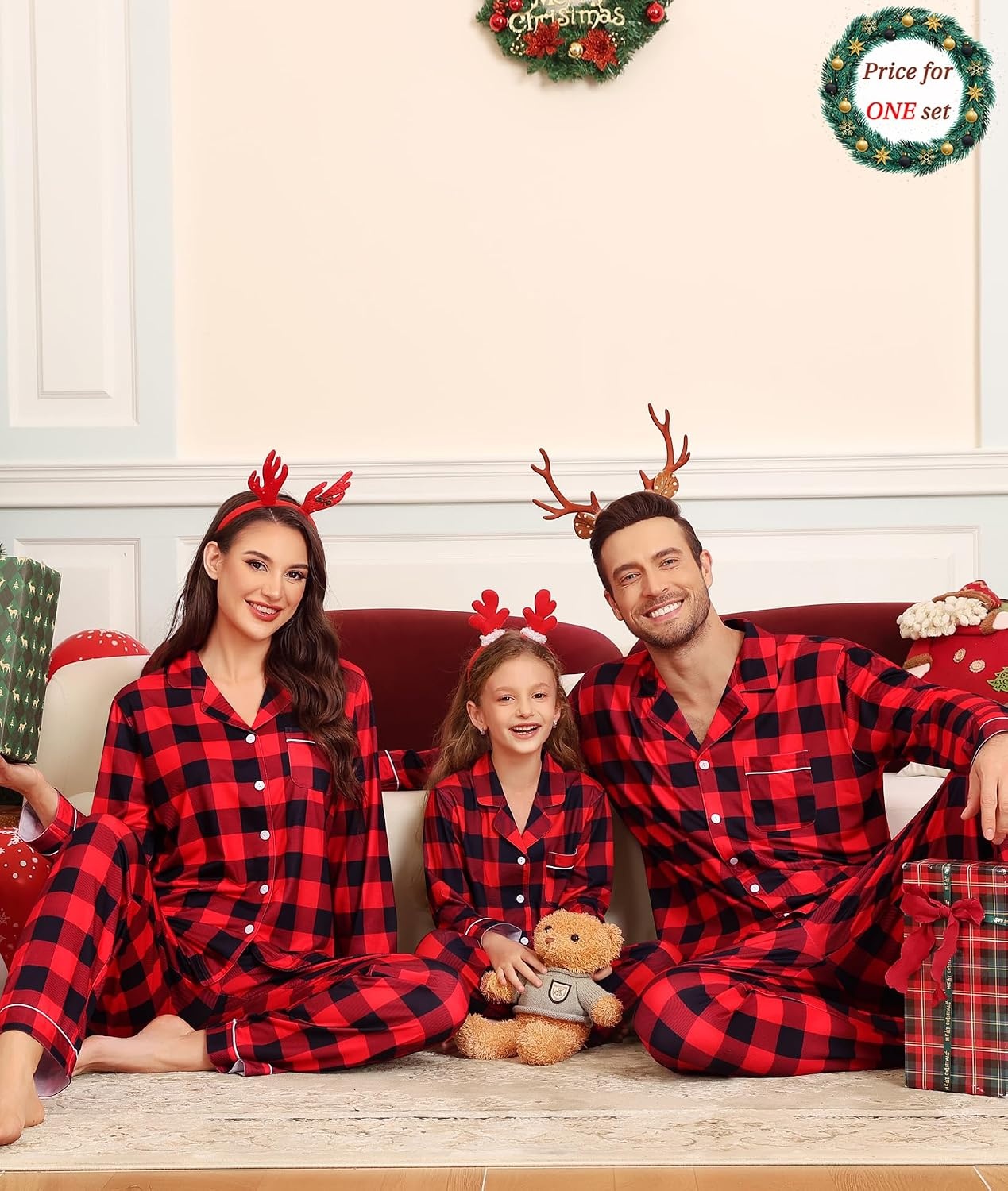 image:imageSWOMOG Matching Family Christmas Pajamas Set Modal Long Sleeve ButtonDown Sleepwear Family Festival Party Xmas PJs SetsRed With Black Grid