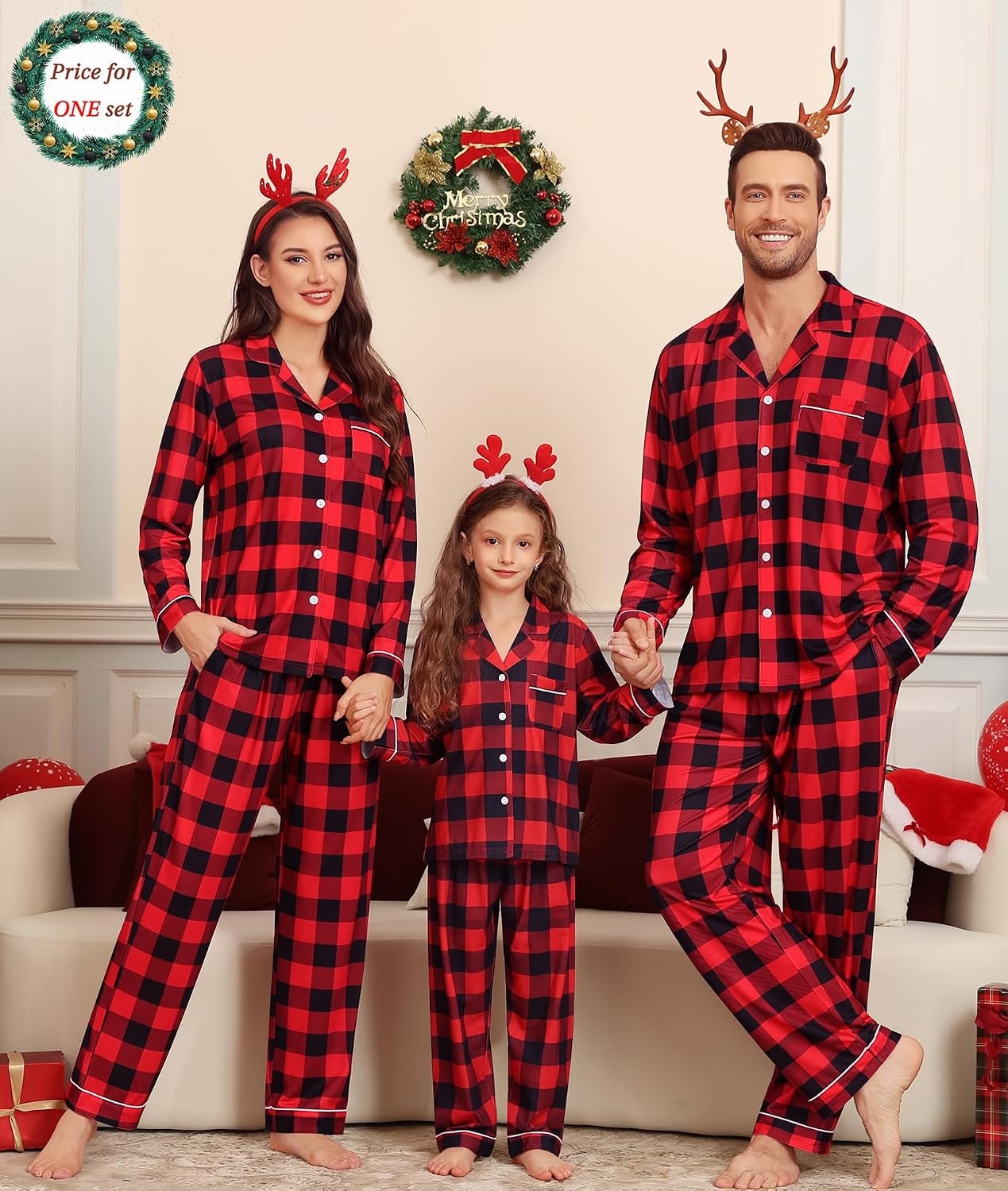 image:imageSWOMOG Matching Family Christmas Pajamas Set Modal Long Sleeve ButtonDown Sleepwear Family Festival Party Xmas PJs SetsRed With Black Grid