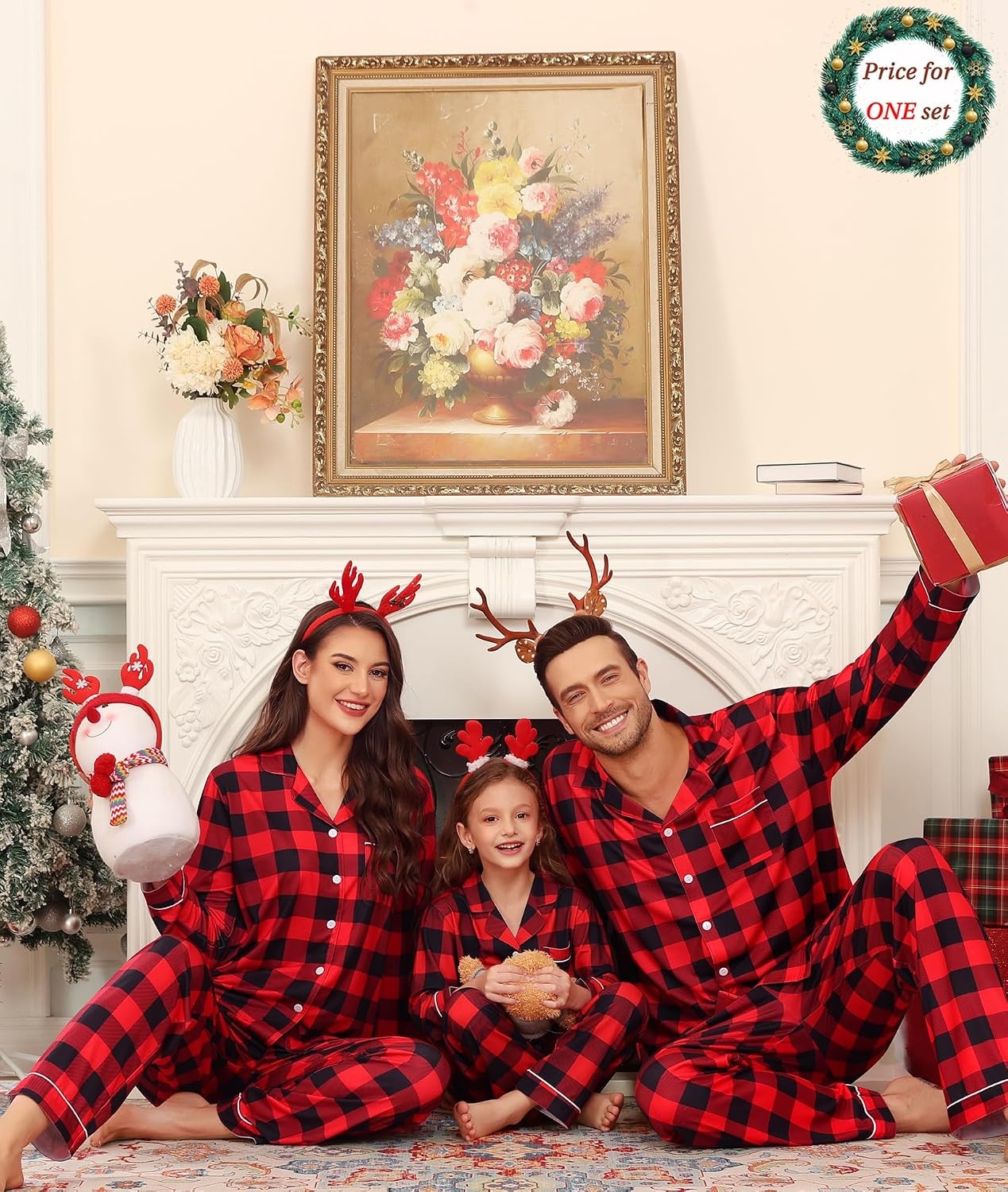 image:imageSWOMOG Matching Family Christmas Pajamas Set Modal Long Sleeve ButtonDown Sleepwear Family Festival Party Xmas PJs SetsRed With Black Grid