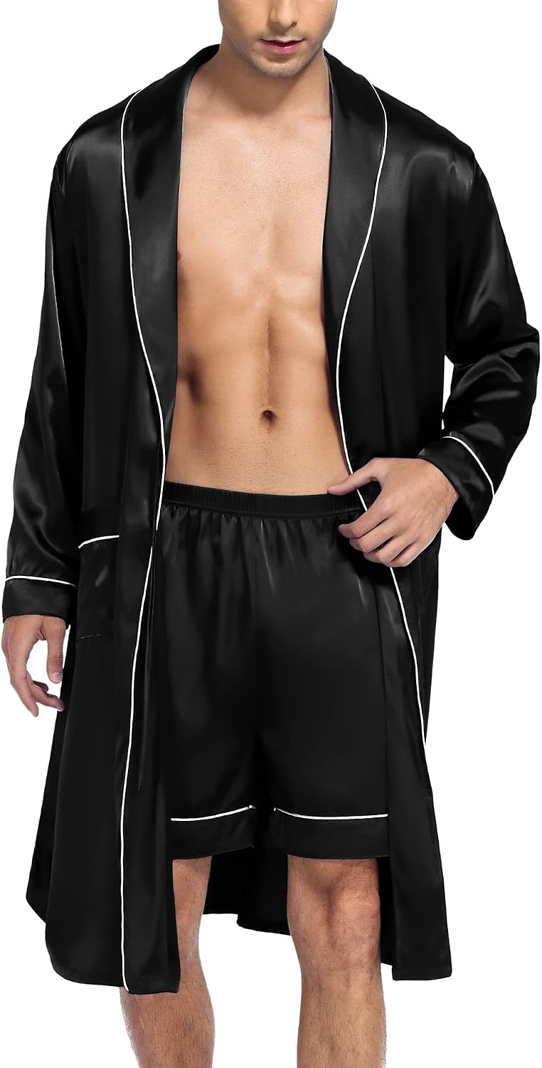 image:imageSWOMOG Mens Satin Robe Silky Kimono Bathrobe with Shorts Set Lightweight Soft Loungewear NightwearBlack