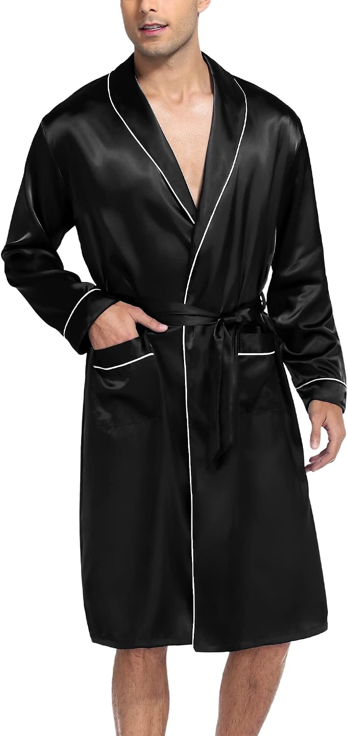 image:imageSWOMOG Mens Satin Robe Silky Kimono Bathrobe with Shorts Set Lightweight Soft Loungewear NightwearBlack