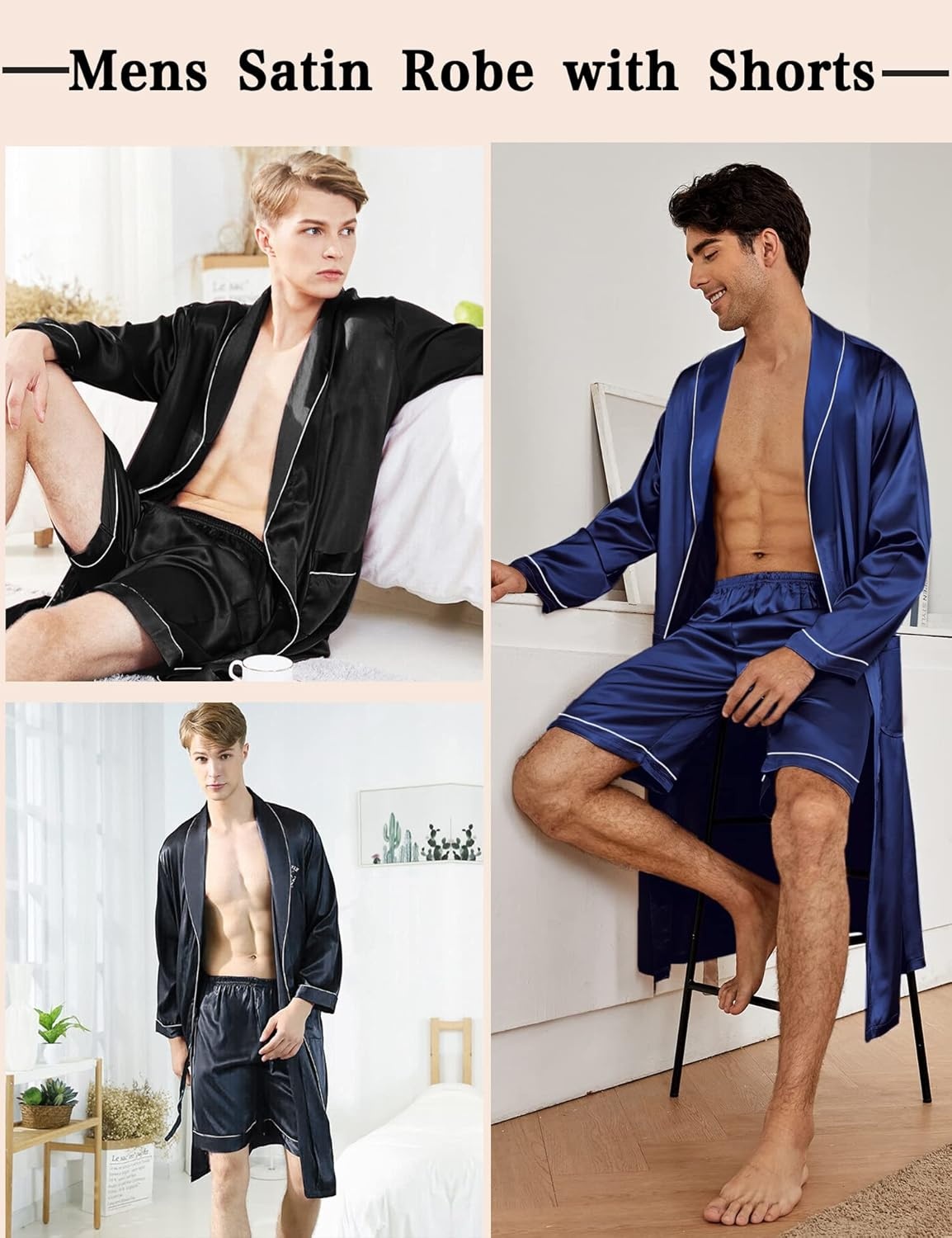 image:imageSWOMOG Mens Satin Robe Silky Kimono Bathrobe with Shorts Set Lightweight Soft Loungewear NightwearBlack