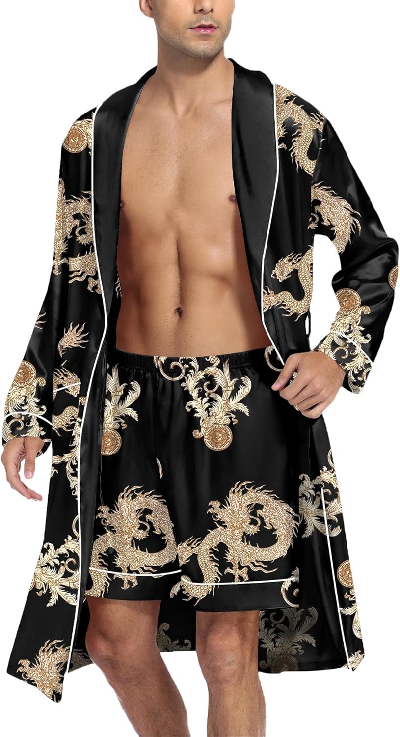 image:imageSWOMOG Mens Satin Robe Silky Kimono Bathrobe with Shorts Set Lightweight Soft Loungewear NightwearBlack Dragon