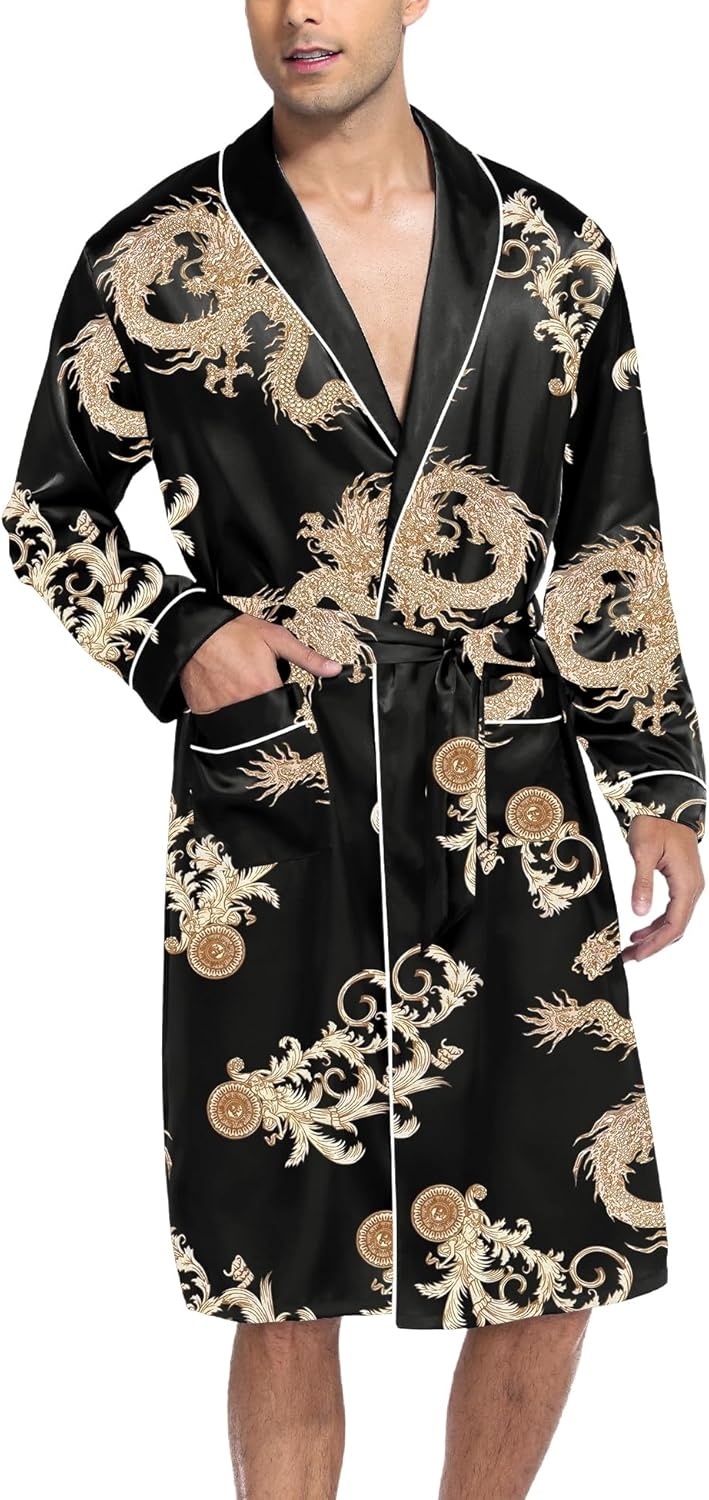 image:imageSWOMOG Mens Satin Robe Silky Kimono Bathrobe with Shorts Set Lightweight Soft Loungewear NightwearBlack Dragon