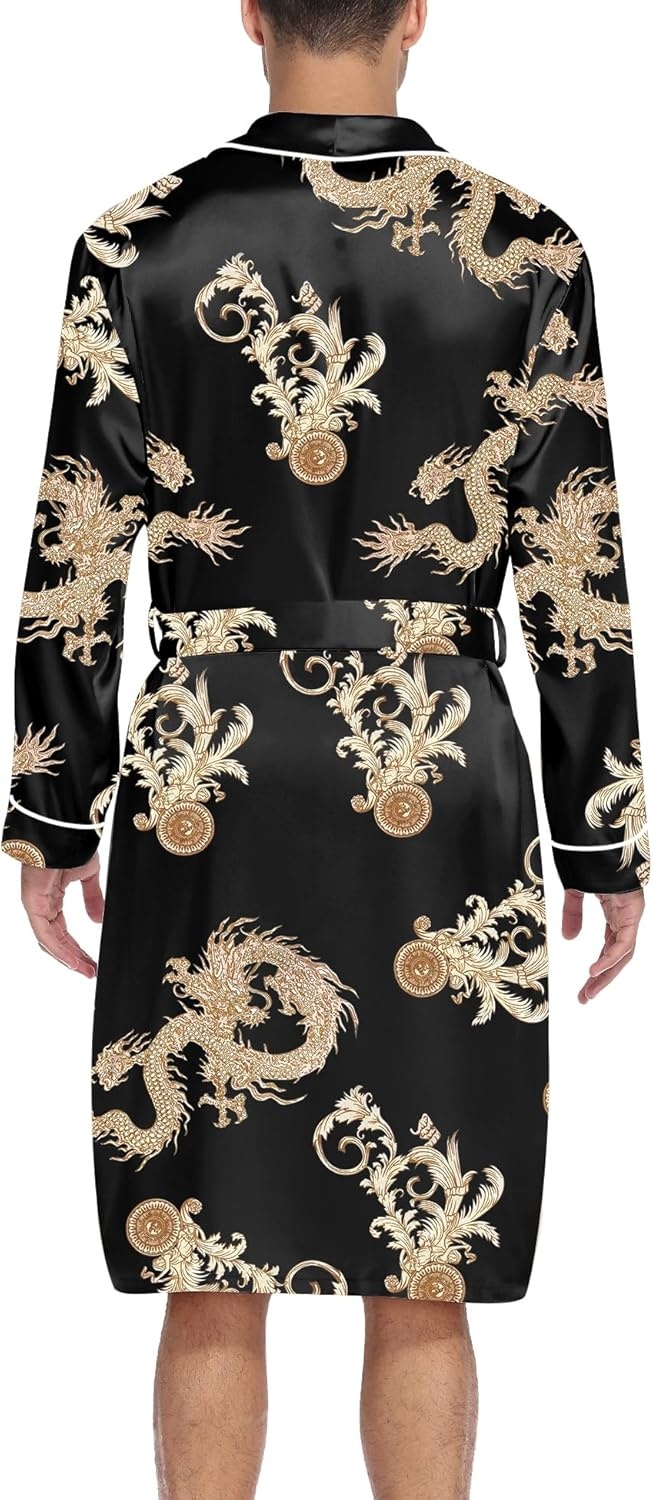 image:imageSWOMOG Mens Satin Robe Silky Kimono Bathrobe with Shorts Set Lightweight Soft Loungewear NightwearBlack Dragon