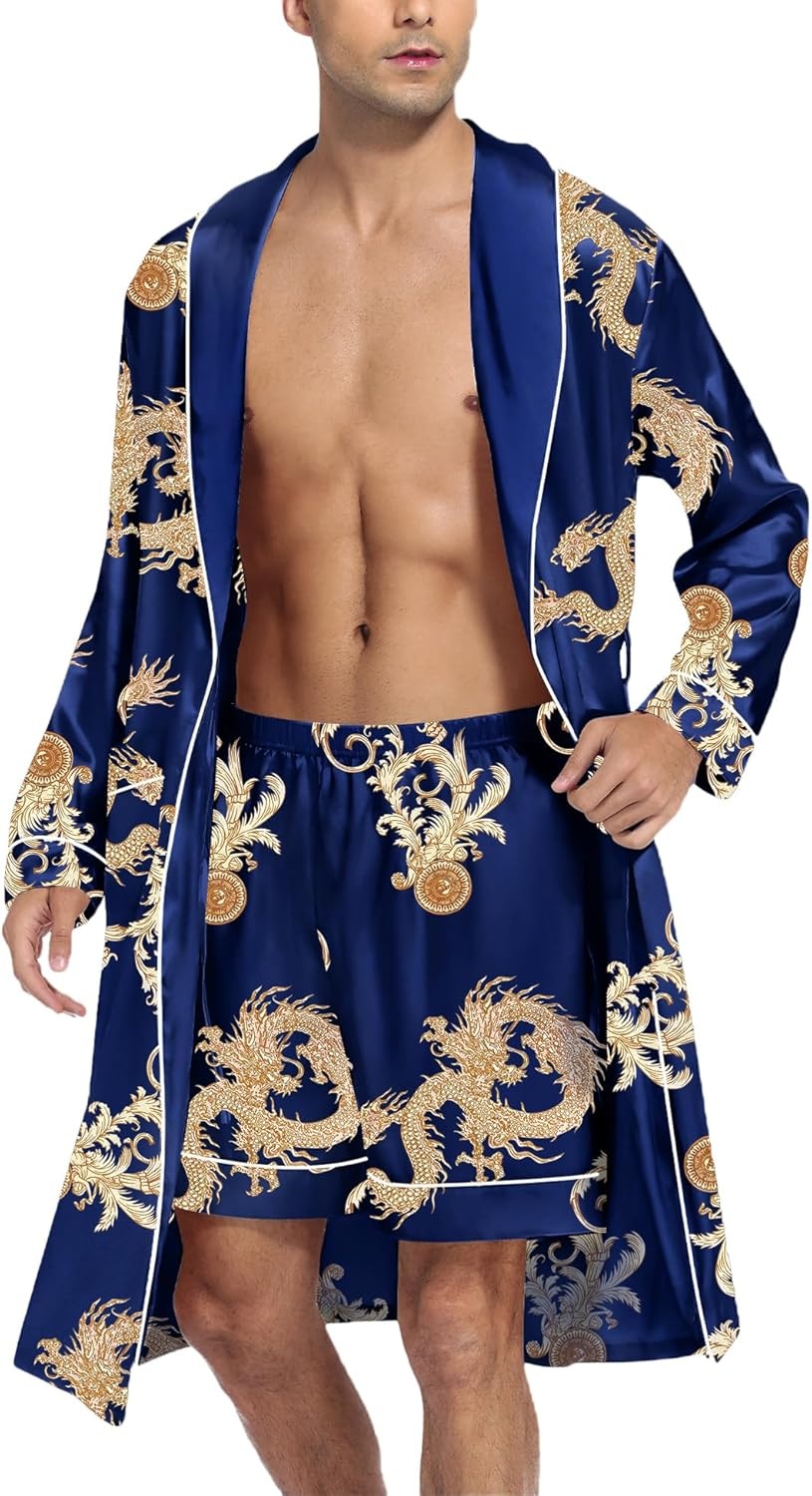 image:imageSWOMOG Mens Satin Robe Silky Kimono Bathrobe with Shorts Set Lightweight Soft Loungewear NightwearBlue Dragon
