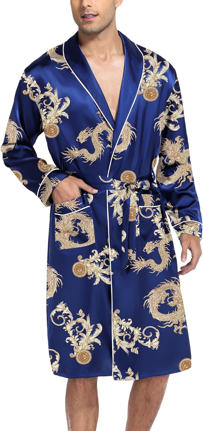 image:imageSWOMOG Mens Satin Robe Silky Kimono Bathrobe with Shorts Set Lightweight Soft Loungewear NightwearBlue Dragon