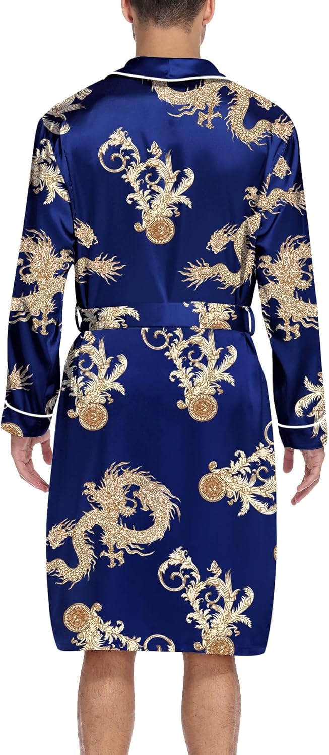 image:imageSWOMOG Mens Satin Robe Silky Kimono Bathrobe with Shorts Set Lightweight Soft Loungewear NightwearBlue Dragon