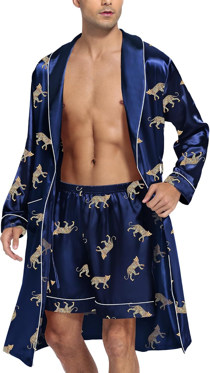 image:imageSWOMOG Mens Satin Robe Silky Kimono Bathrobe with Shorts Set Lightweight Soft Loungewear NightwearBlue Leopard