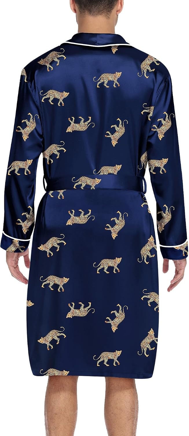 image:imageSWOMOG Mens Satin Robe Silky Kimono Bathrobe with Shorts Set Lightweight Soft Loungewear NightwearBlue Leopard