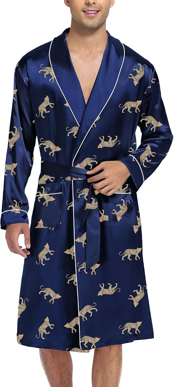 image:imageSWOMOG Mens Satin Robe Silky Kimono Bathrobe with Shorts Set Lightweight Soft Loungewear NightwearBlue Leopard