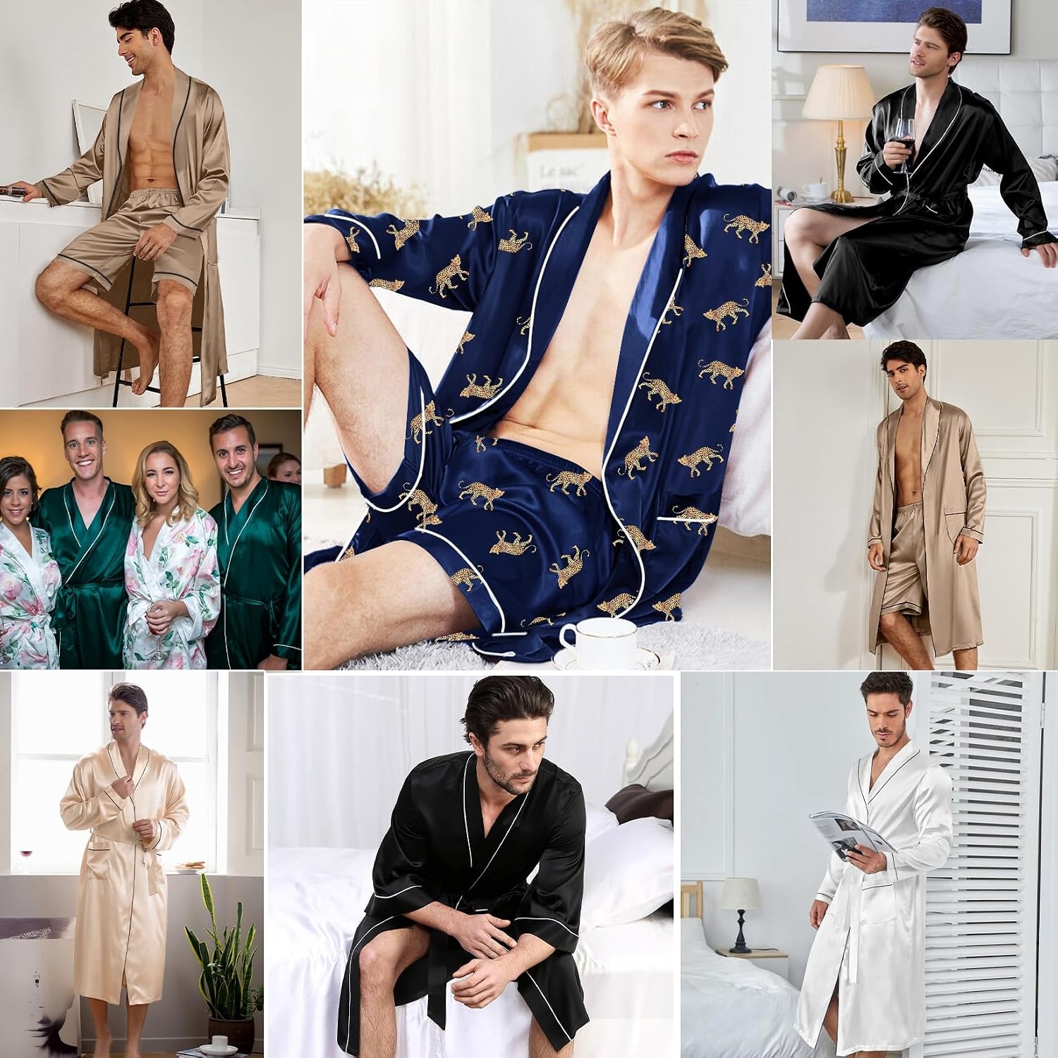 image:imageSWOMOG Mens Satin Robe Silky Kimono Bathrobe with Shorts Set Lightweight Soft Loungewear NightwearBlue Leopard