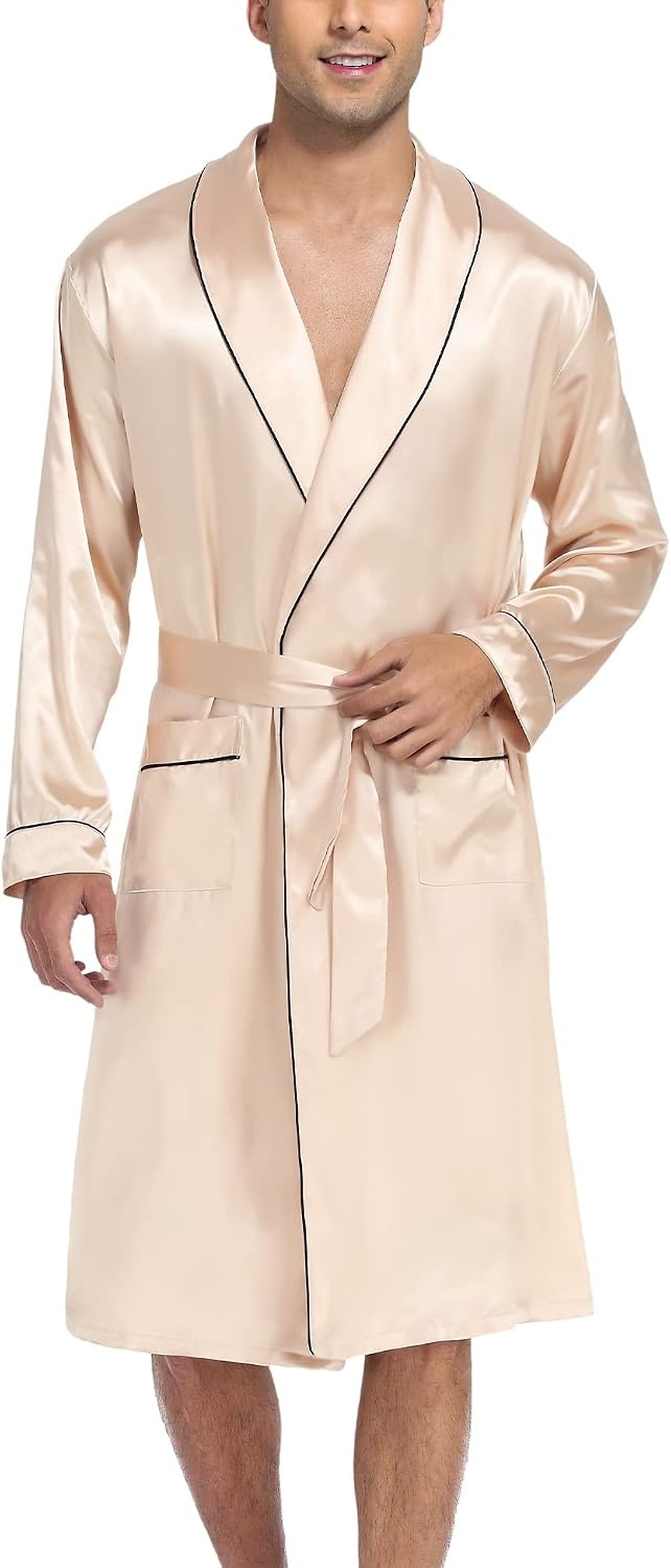 image:imageSWOMOG Mens Satin Robe Silky Kimono Bathrobe with Shorts Set Lightweight Soft Loungewear NightwearChampagne