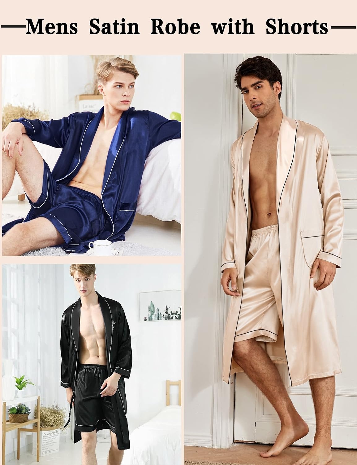 image:imageSWOMOG Mens Satin Robe Silky Kimono Bathrobe with Shorts Set Lightweight Soft Loungewear NightwearChampagne