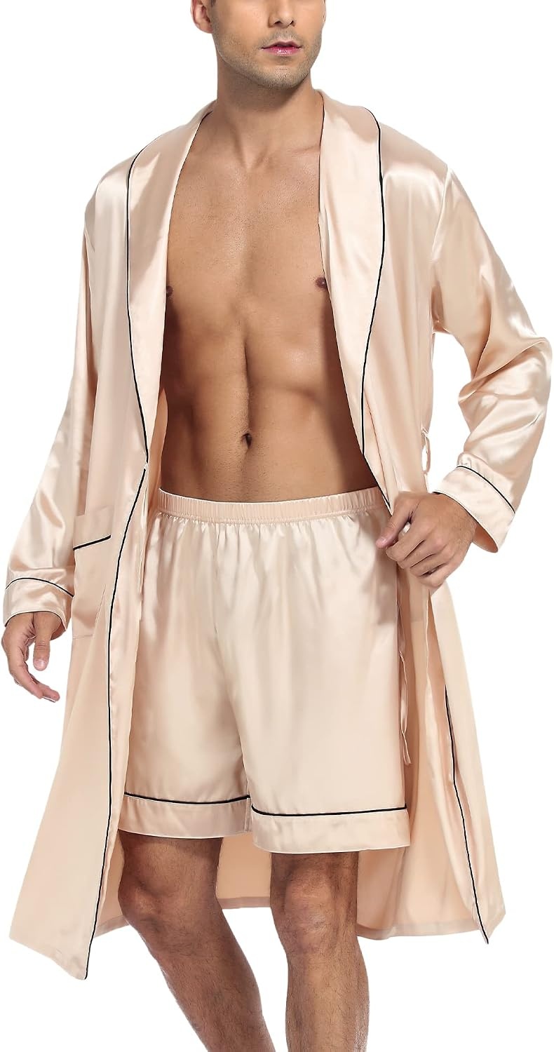 image:imageSWOMOG Mens Satin Robe Silky Kimono Bathrobe with Shorts Set Lightweight Soft Loungewear NightwearChampagne