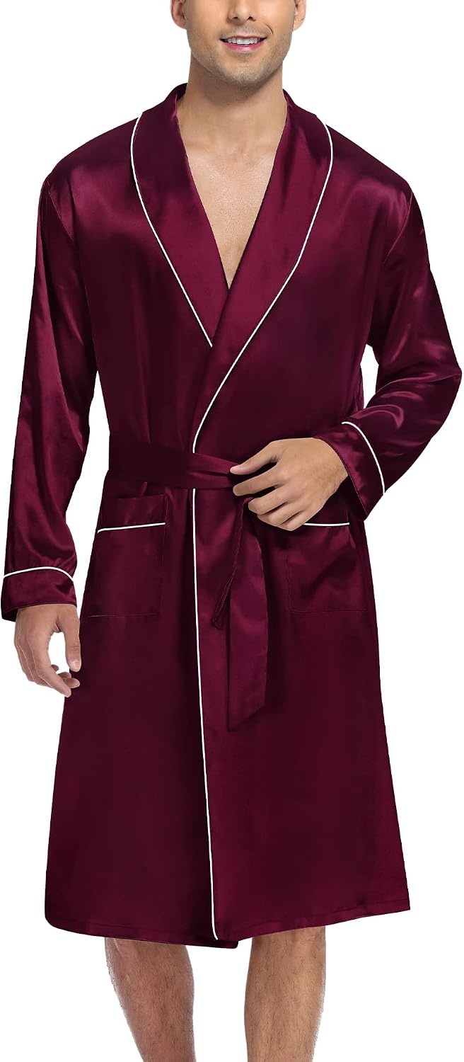 image:imageSWOMOG Mens Satin Robe Silky Kimono Bathrobe with Shorts Set Lightweight Soft Loungewear NightwearDark Wine Red