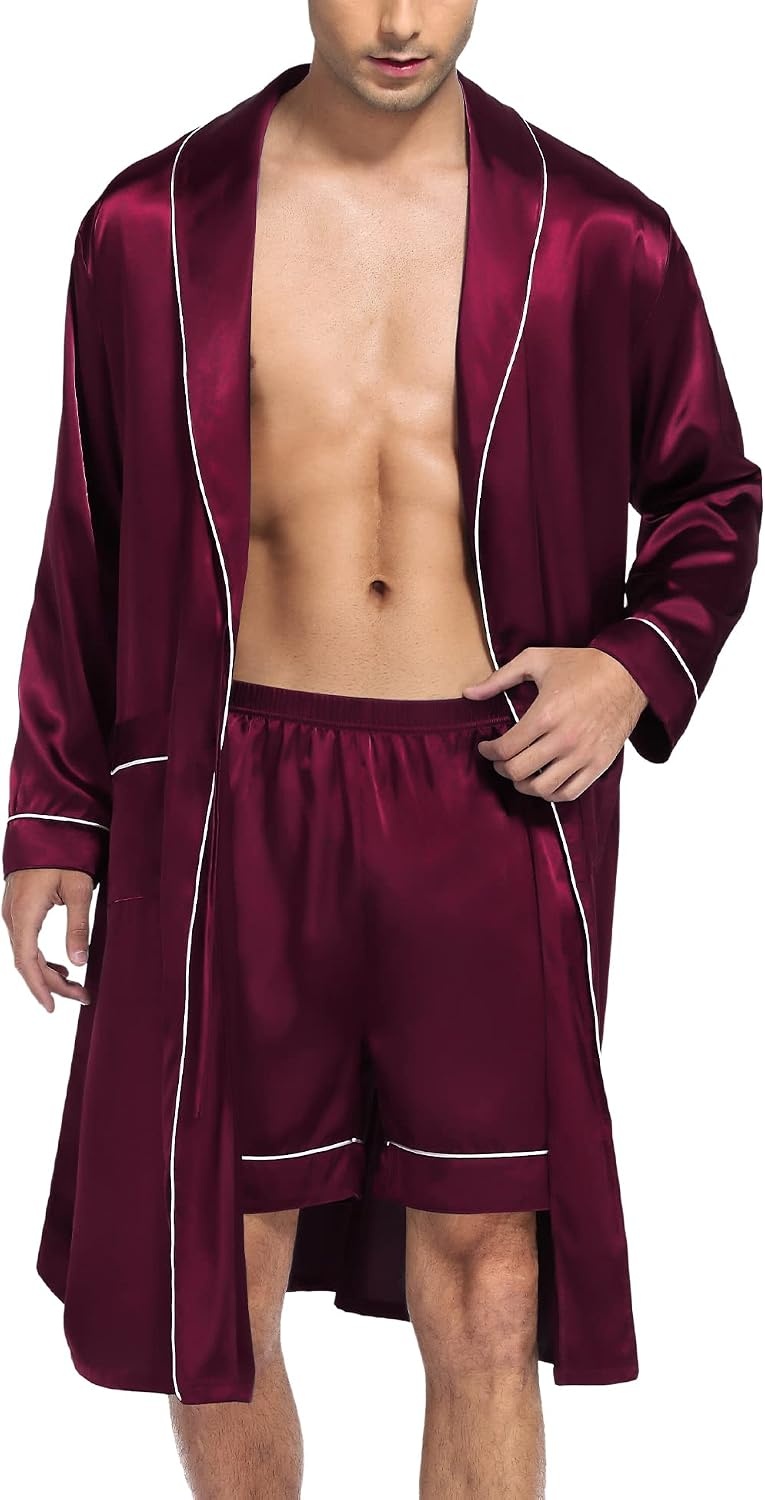 image:imageSWOMOG Mens Satin Robe Silky Kimono Bathrobe with Shorts Set Lightweight Soft Loungewear NightwearDark Wine Red