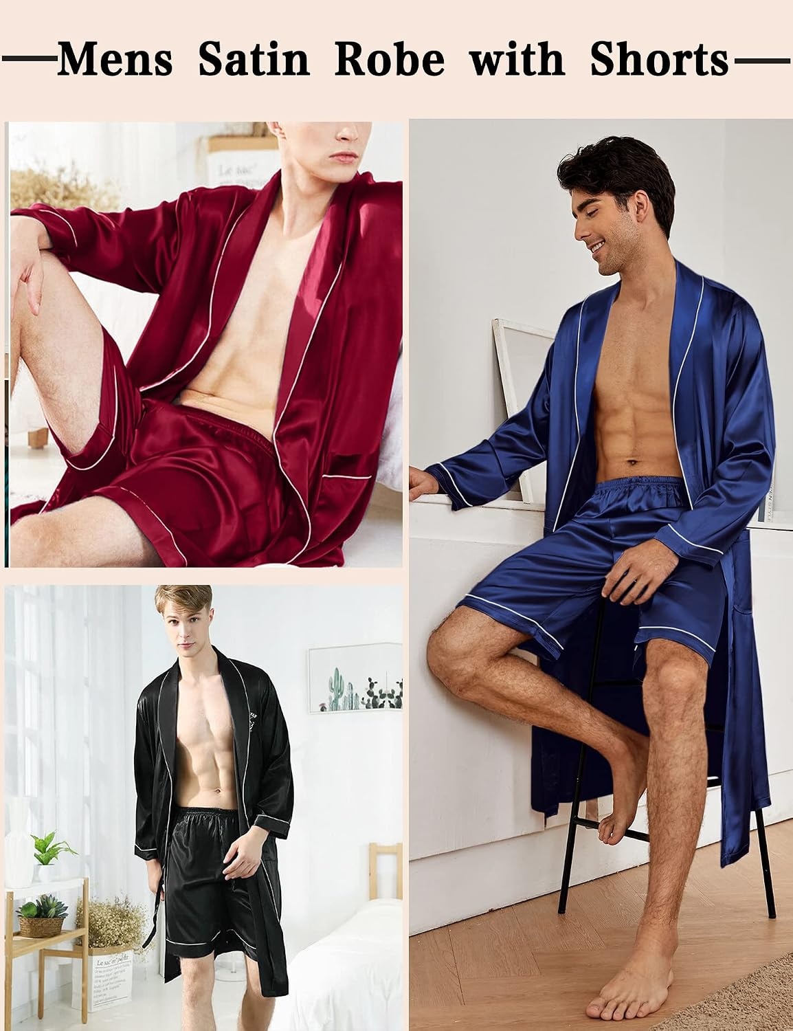 image:imageSWOMOG Mens Satin Robe Silky Kimono Bathrobe with Shorts Set Lightweight Soft Loungewear NightwearDark Wine Red