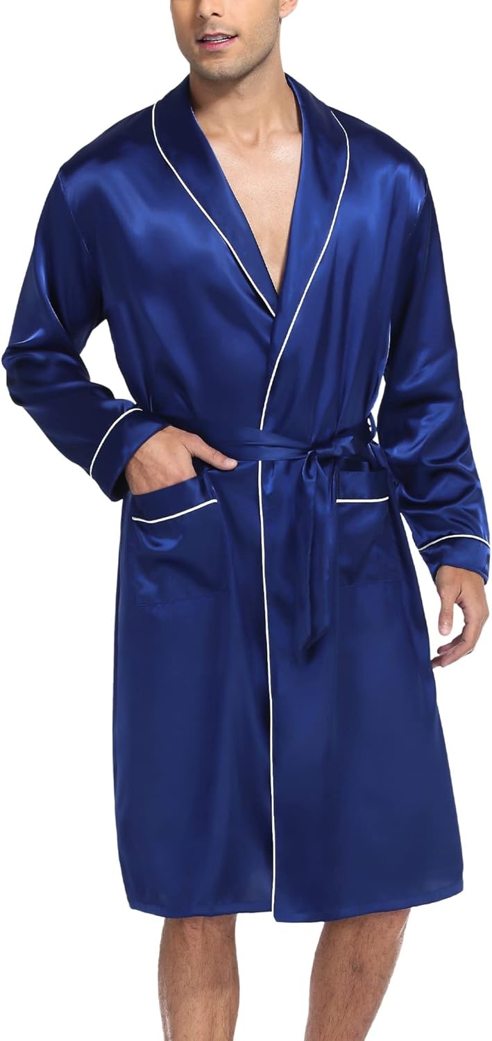 image:imageSWOMOG Mens Satin Robe Silky Kimono Bathrobe with Shorts Set Lightweight Soft Loungewear NightwearNavy Blue