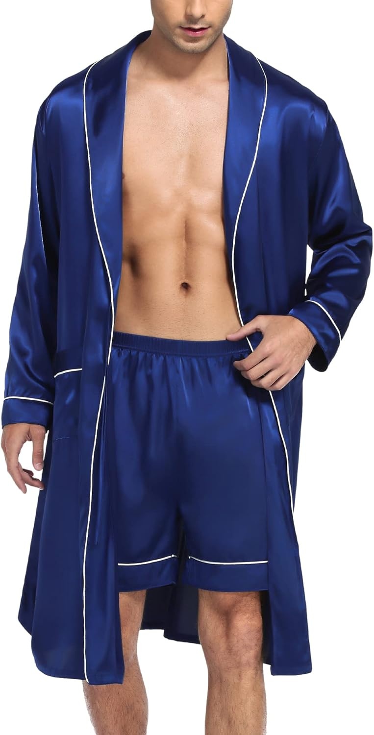 image:imageSWOMOG Mens Satin Robe Silky Kimono Bathrobe with Shorts Set Lightweight Soft Loungewear NightwearNavy Blue