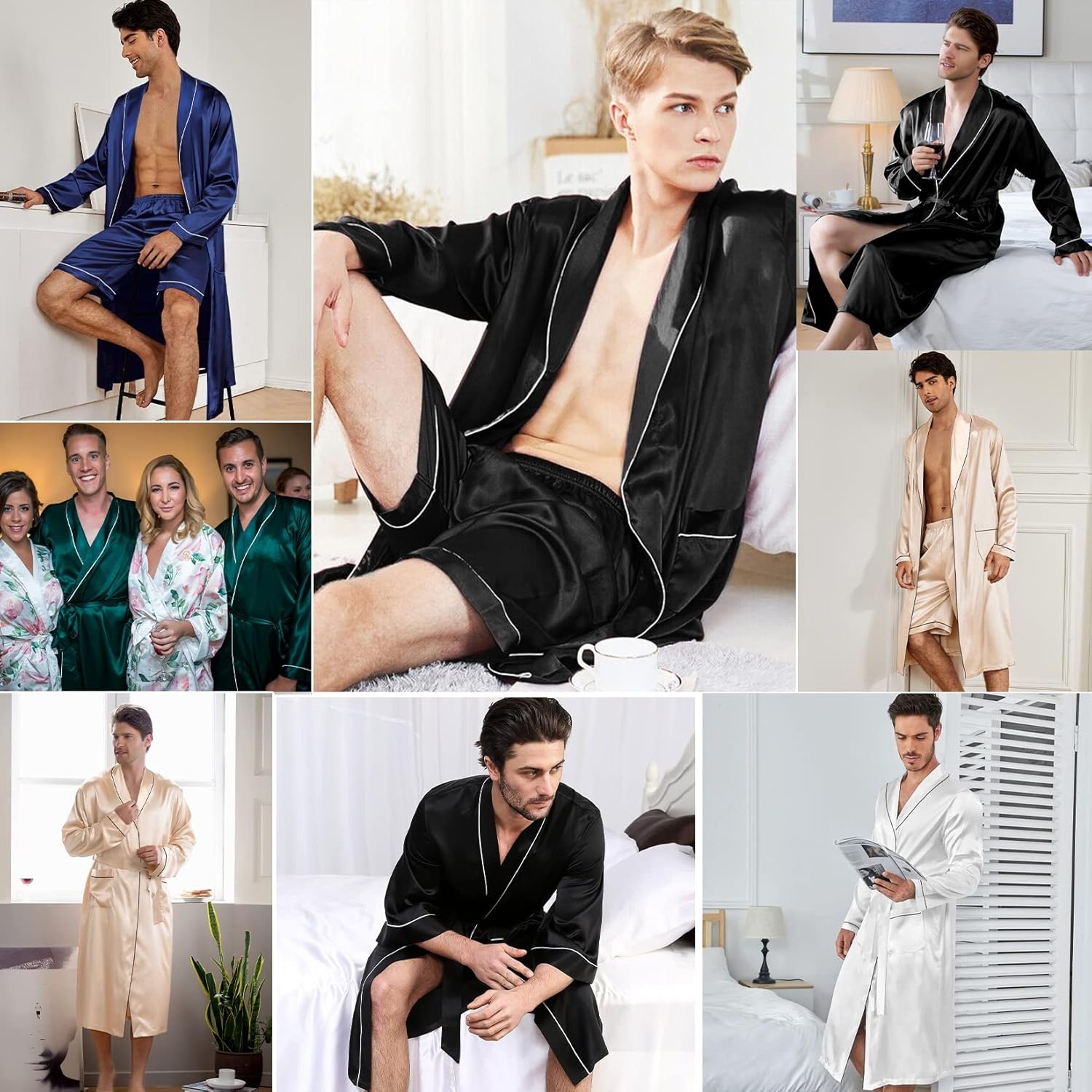 image:imageSWOMOG Mens Satin Robe Silky Kimono Bathrobe with Shorts Set Lightweight Soft Loungewear NightwearNavy Blue