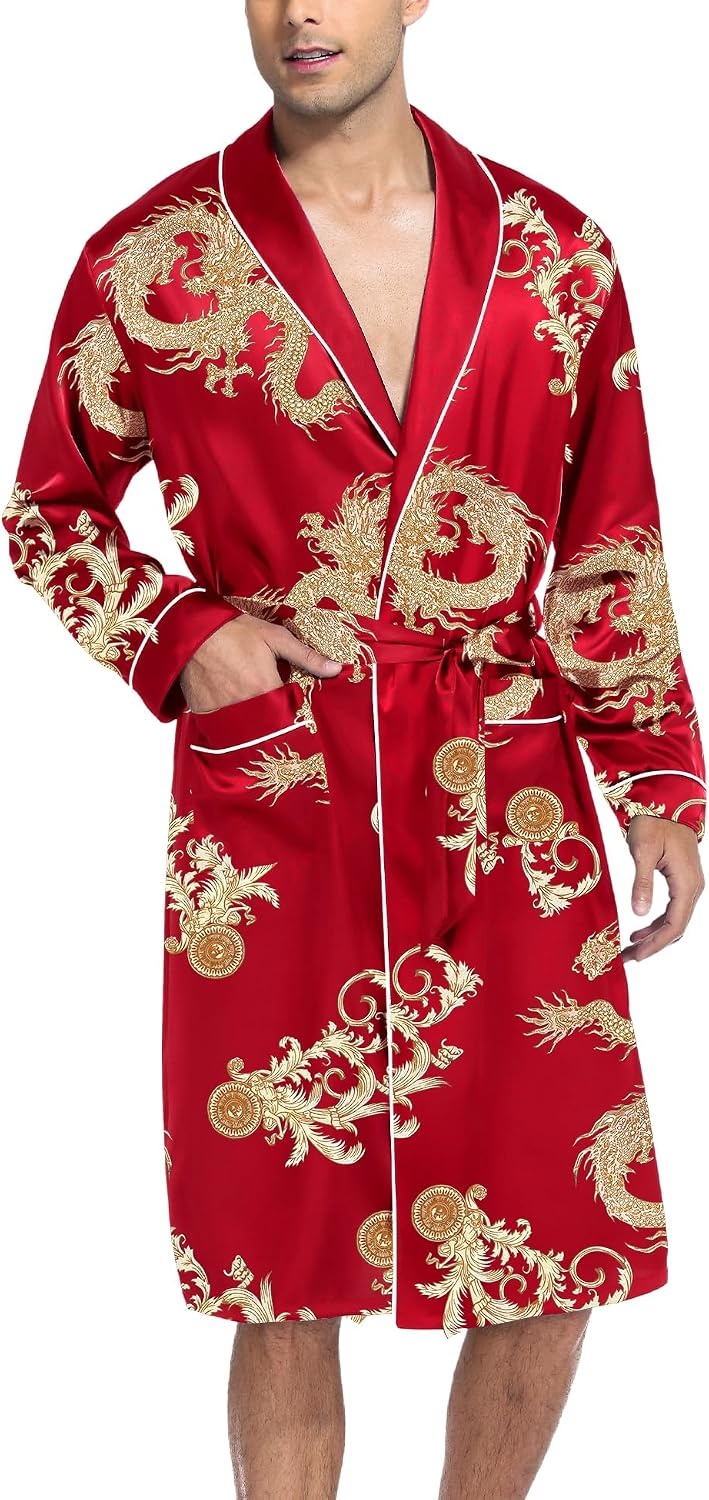 image:imageSWOMOG Mens Satin Robe Silky Kimono Bathrobe with Shorts Set Lightweight Soft Loungewear NightwearRed Dragon