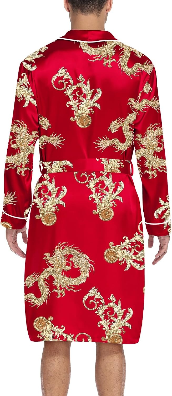 image:imageSWOMOG Mens Satin Robe Silky Kimono Bathrobe with Shorts Set Lightweight Soft Loungewear NightwearRed Dragon