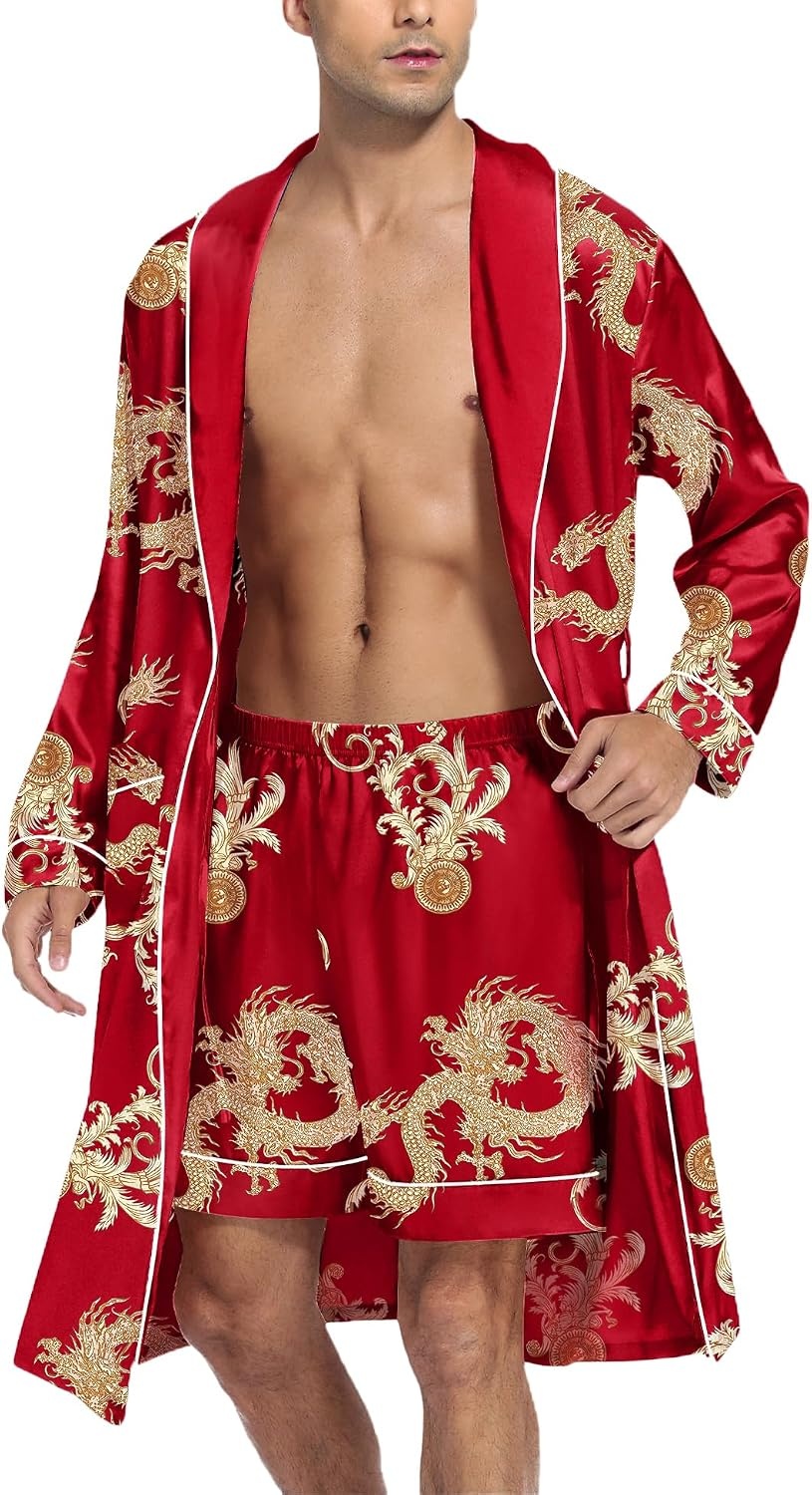image:imageSWOMOG Mens Satin Robe Silky Kimono Bathrobe with Shorts Set Lightweight Soft Loungewear NightwearRed Dragon
