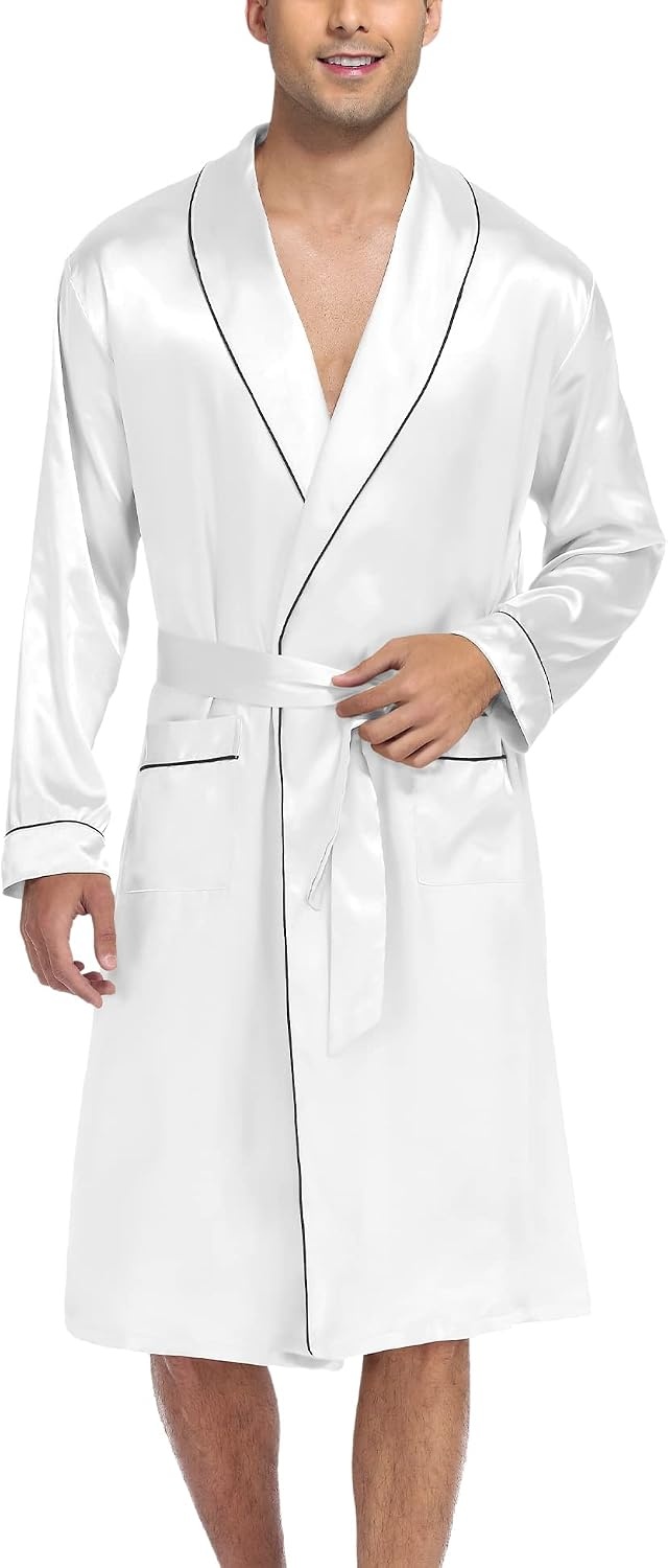 image:imageSWOMOG Mens Satin Robe Silky Kimono Bathrobe with Shorts Set Lightweight Soft Loungewear NightwearWhite
