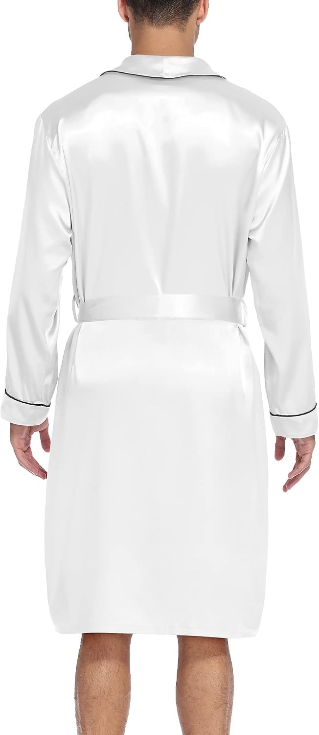 image:imageSWOMOG Mens Satin Robe Silky Kimono Bathrobe with Shorts Set Lightweight Soft Loungewear NightwearWhite