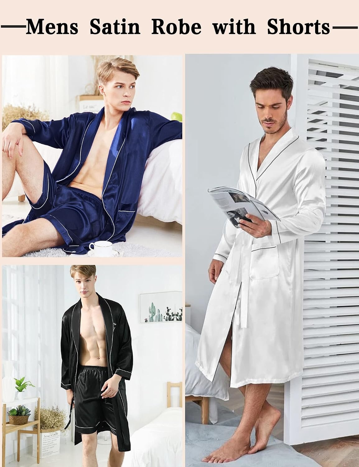 image:imageSWOMOG Mens Satin Robe Silky Kimono Bathrobe with Shorts Set Lightweight Soft Loungewear NightwearWhite