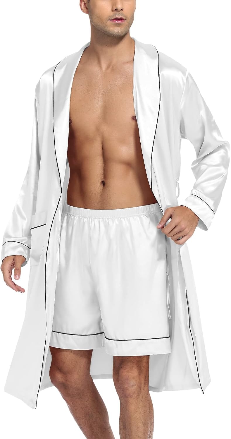image:imageSWOMOG Mens Satin Robe Silky Kimono Bathrobe with Shorts Set Lightweight Soft Loungewear NightwearWhite