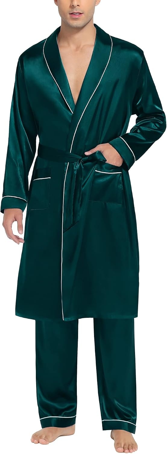 image:imageSWOMOG Mens Satin Robe Silky Kimono Bathrobe with Shorts Set Lightweight Soft Loungewear NightwearZlong Sleevedeep Green