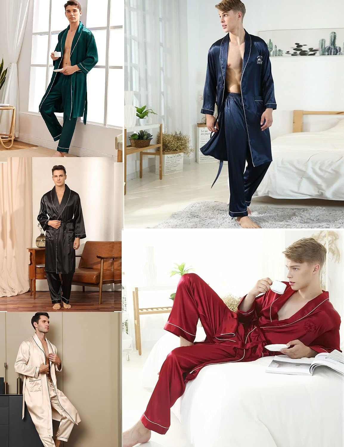 image:imageSWOMOG Mens Satin Robe Silky Kimono Bathrobe with Shorts Set Lightweight Soft Loungewear NightwearZlong Sleevedeep Green