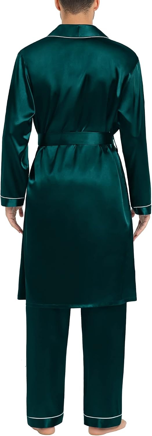 image:imageSWOMOG Mens Satin Robe Silky Kimono Bathrobe with Shorts Set Lightweight Soft Loungewear NightwearZlong Sleevedeep Green