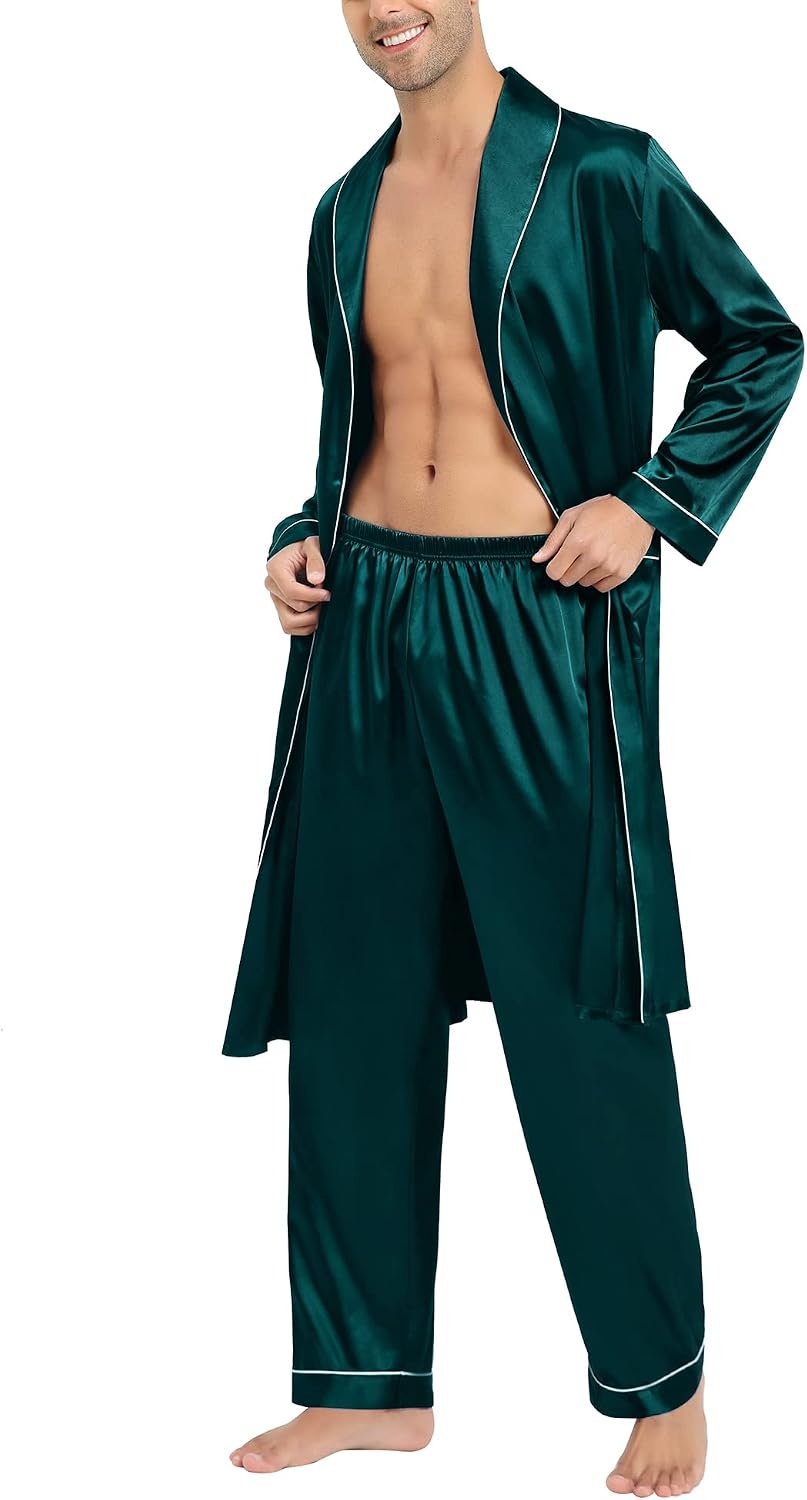 image:imageSWOMOG Mens Satin Robe Silky Kimono Bathrobe with Shorts Set Lightweight Soft Loungewear NightwearZlong Sleevedeep Green