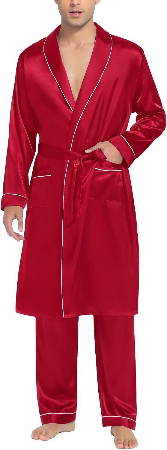 image:imageSWOMOG Mens Satin Robe Silky Kimono Bathrobe with Shorts Set Lightweight Soft Loungewear NightwearZlong Sleevereda