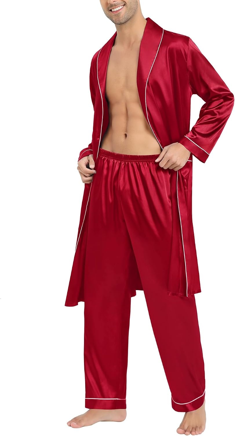 image:imageSWOMOG Mens Satin Robe Silky Kimono Bathrobe with Shorts Set Lightweight Soft Loungewear NightwearZlong Sleevereda