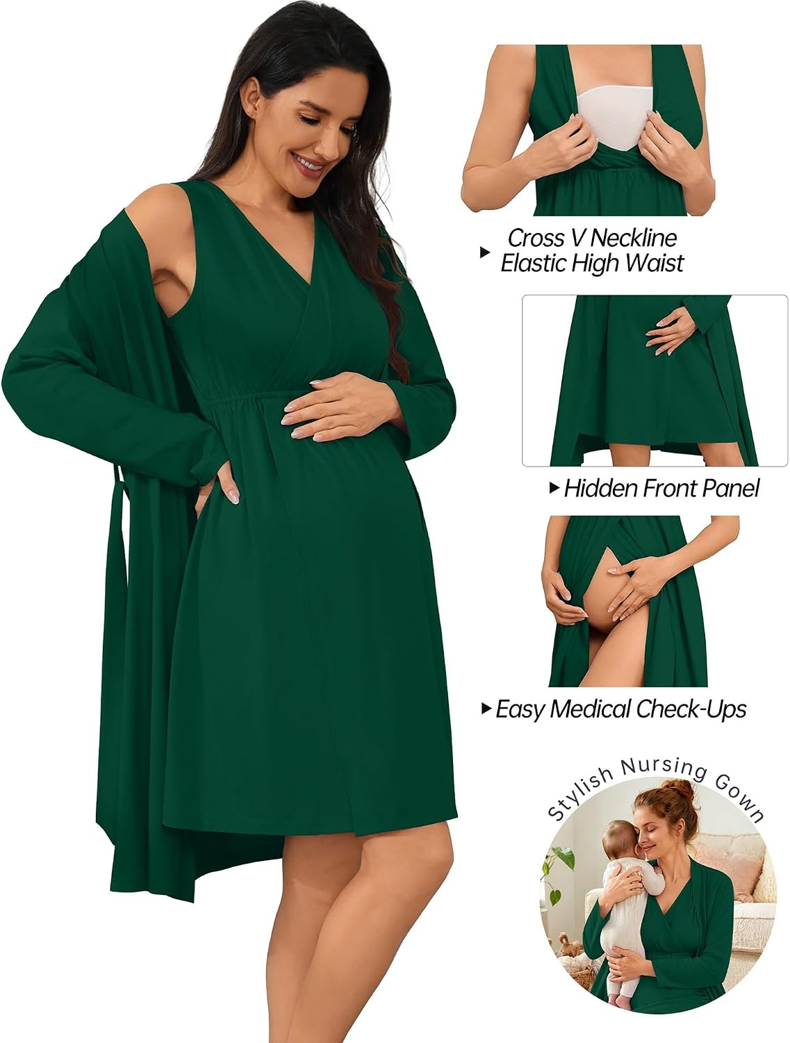 image:imageSWOMOG Women 100 Cotton Maternity Nursing Gown and Robe Set 3 in 1 Labor Postpartum Soft Nightgown for BreastfeedingEmerald Green
