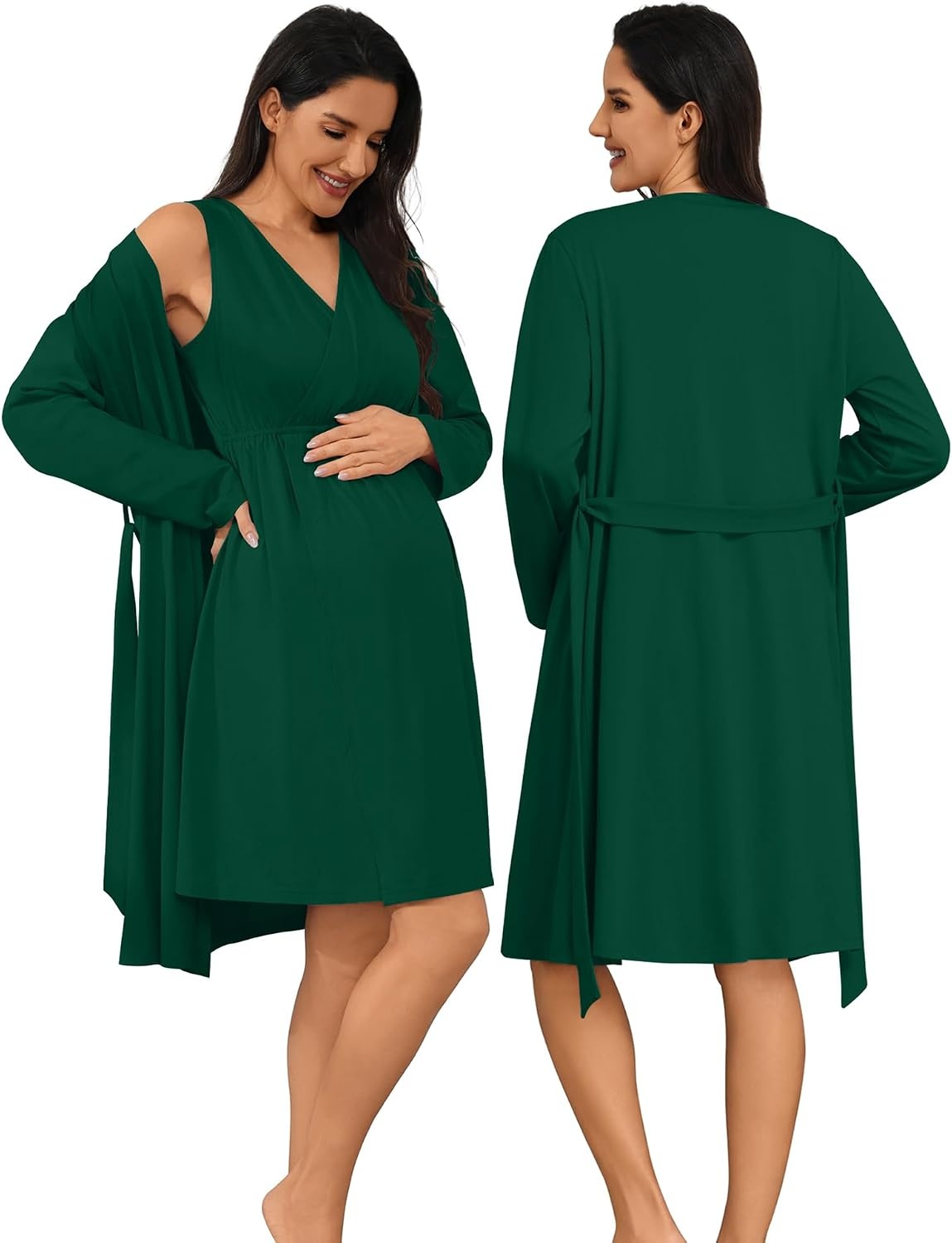 image:imageSWOMOG Women 100 Cotton Maternity Nursing Gown and Robe Set 3 in 1 Labor Postpartum Soft Nightgown for BreastfeedingEmerald Green