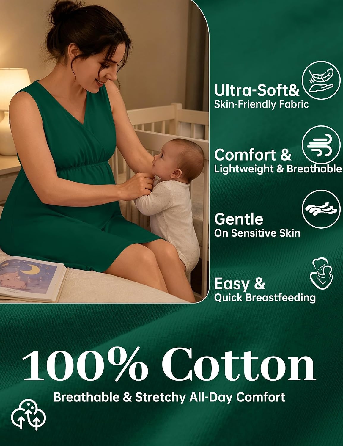 image:imageSWOMOG Women 100 Cotton Maternity Nursing Gown and Robe Set 3 in 1 Labor Postpartum Soft Nightgown for BreastfeedingEmerald Green
