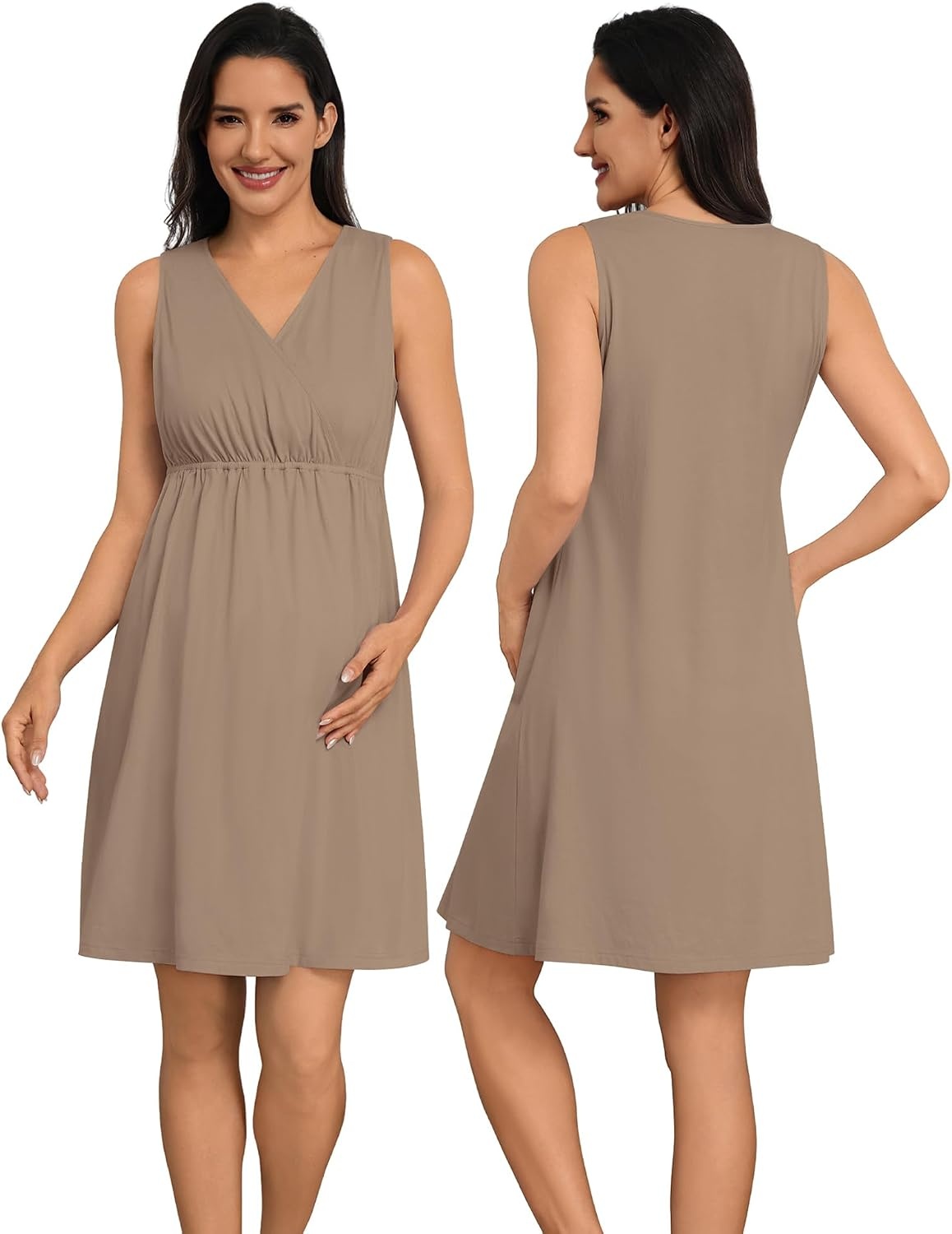 image:imageSWOMOG Women 100 Cotton Maternity Nursing Gown and Robe Set 3 in 1 Labor Postpartum Soft Nightgown for BreastfeedingLight Brown
