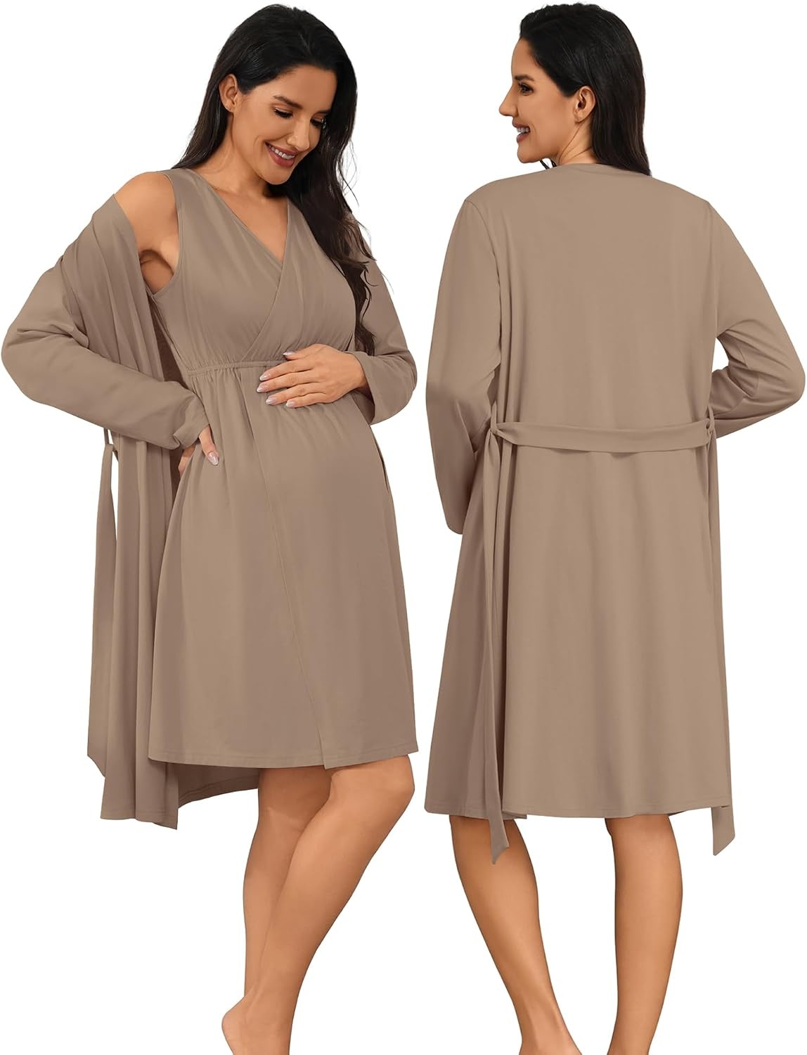 image:imageSWOMOG Women 100 Cotton Maternity Nursing Gown and Robe Set 3 in 1 Labor Postpartum Soft Nightgown for BreastfeedingLight Brown