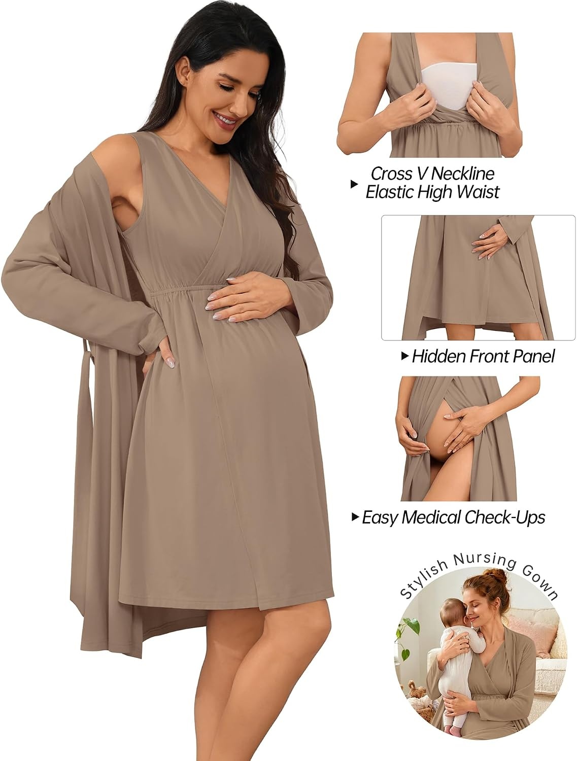 image:imageSWOMOG Women 100 Cotton Maternity Nursing Gown and Robe Set 3 in 1 Labor Postpartum Soft Nightgown for BreastfeedingLight Brown