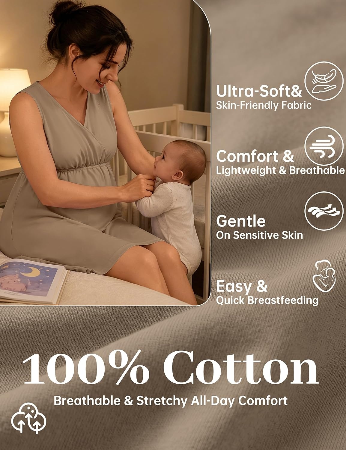 image:imageSWOMOG Women 100 Cotton Maternity Nursing Gown and Robe Set 3 in 1 Labor Postpartum Soft Nightgown for BreastfeedingLight Brown